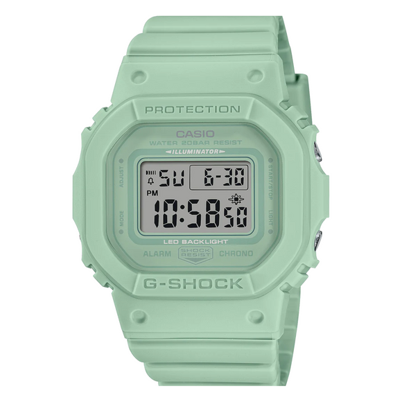 A sage green G-Shock digital watch with a resin band and a digital display.