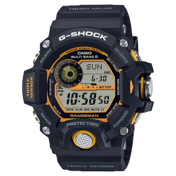A G-Shock 'Master of G' Rangeman watch with a black band and black case, featuring yellow details on the face and buttons.