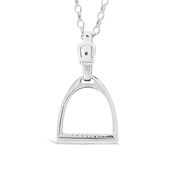 A silver sterling silver stirrup pendant on a 55cm oval belcher chain.
