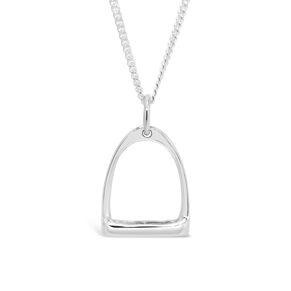 A small sterling silver stirrup pendant with a chain.