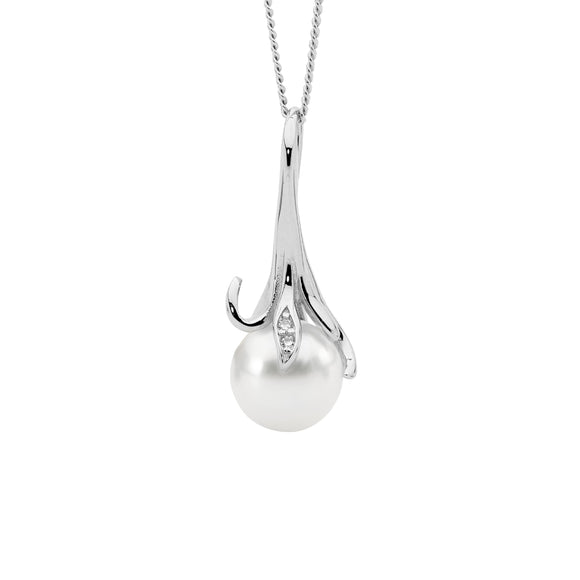Ellani White Freshwater Pearl and CZ Necklace