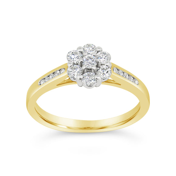 9ct Yellow Gold Diamond Cluster Ring with Shoulder Diamonds
