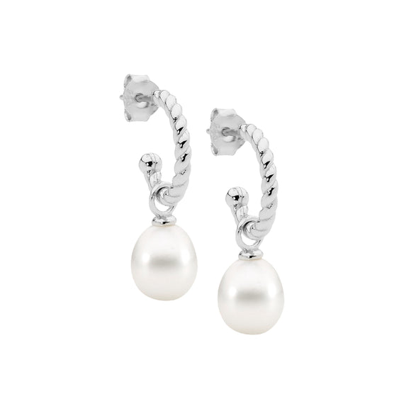 Ellani Silver Twisted Hoop Earrings with Pearl Drops