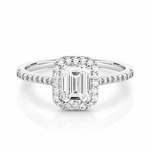 Emerald Cut CZ with Halo and Shoulder CZ Ring