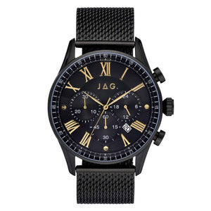 JAG 'Lachlan' Mens Black Steel Watch with Gold Accents