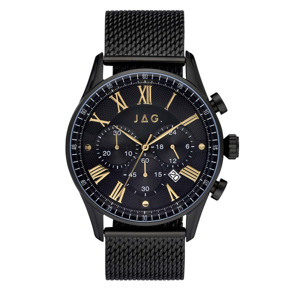 JAG 'Lachlan' Mens Black Steel Watch with Gold Accents