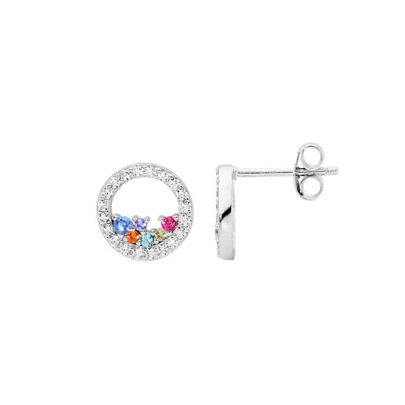 Ellani Open Circle Stud Earrings with Multi Coloured CZ